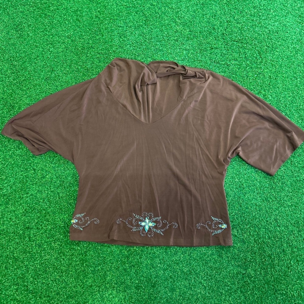 Brown Dolman Sleeve V-Neck Top Rhinestone Embellished Open Back Medium